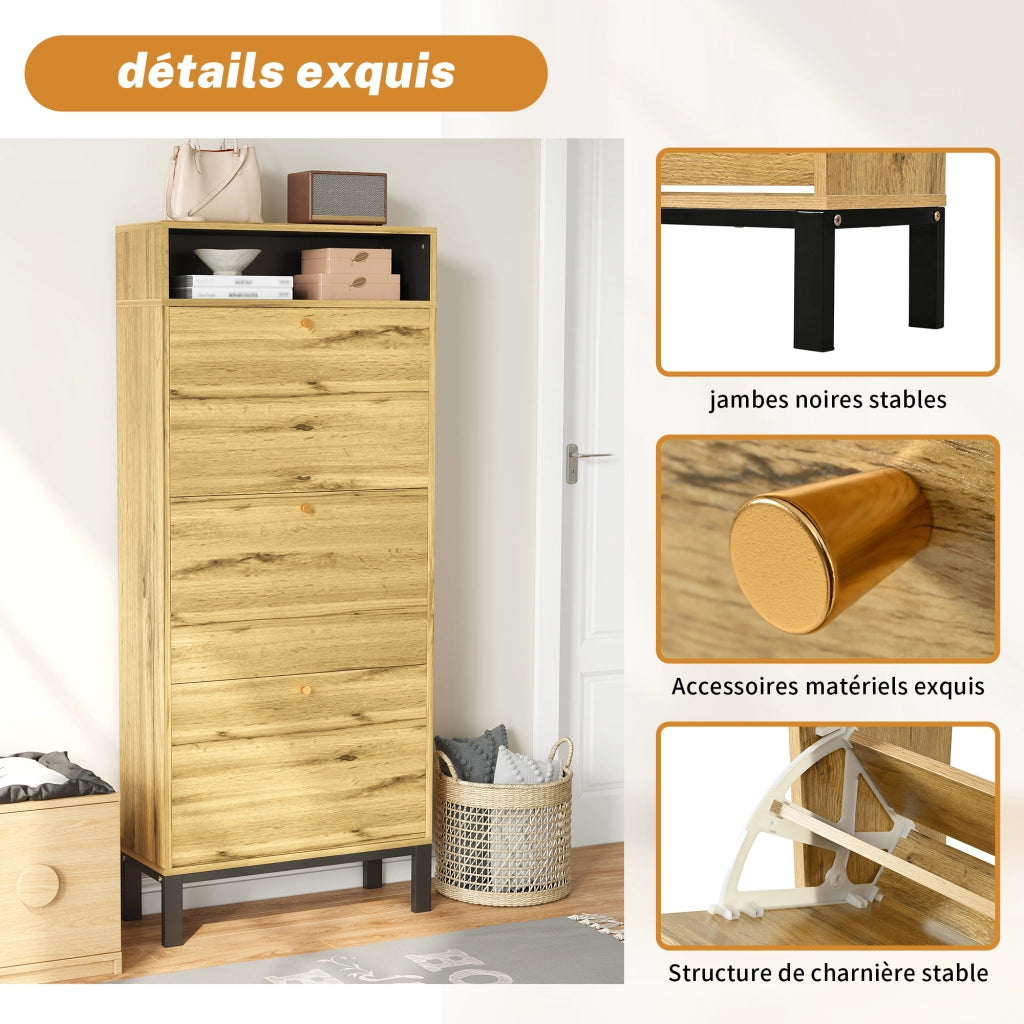 Mobile Scarpiera con 3 Ante a Ribalta e Vani Aperti; Stile Japandi; in MDF; 63×24×147 cm; Naturale