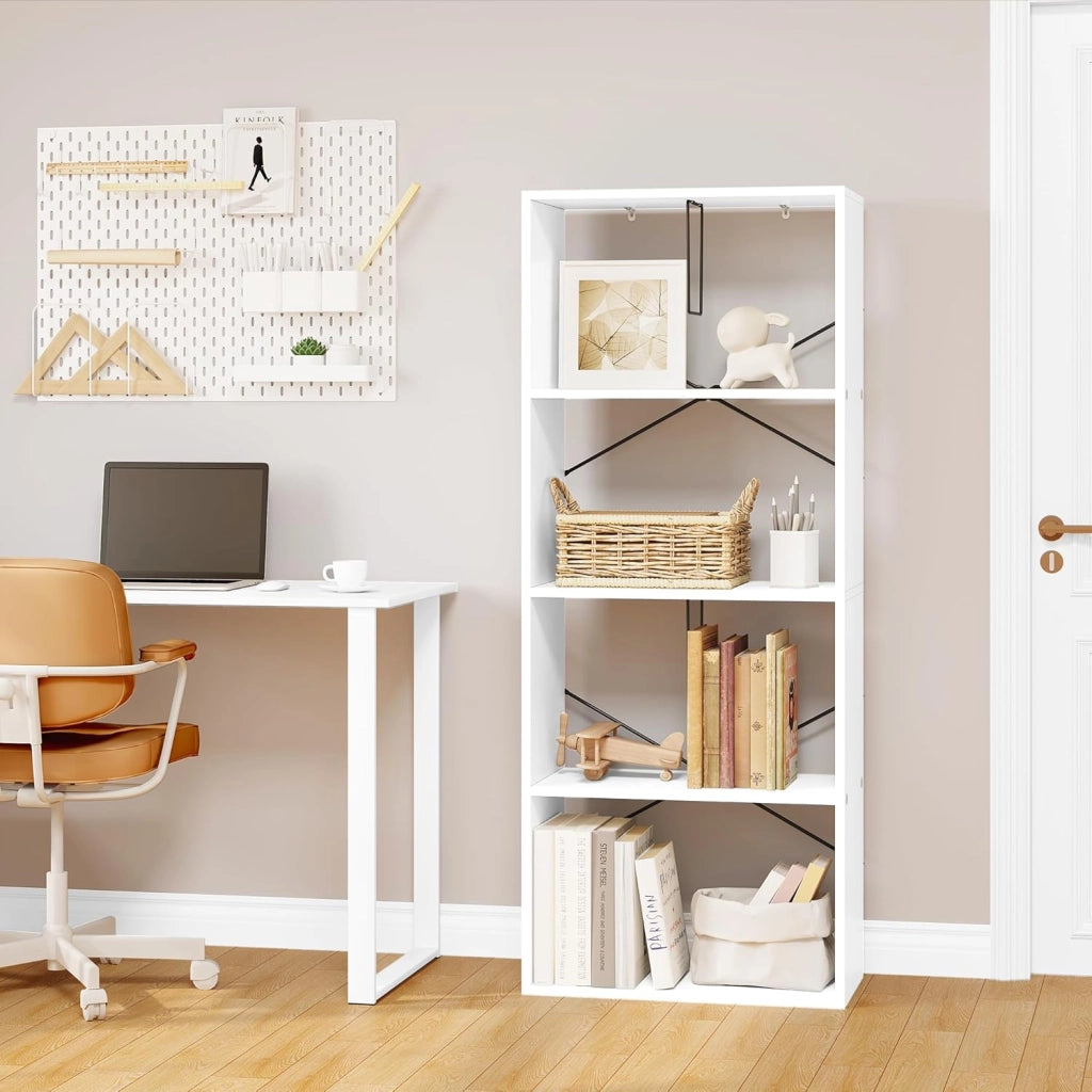 Scaffale da Soggiorno a 4 Ripiani, Libreria in Legno Salvaspazio Portaoggetti, Mobile Multiuso Moderno Bianco, per Studio, Camera da Letto, Cucina, Ufficio, 60x30x149cm
