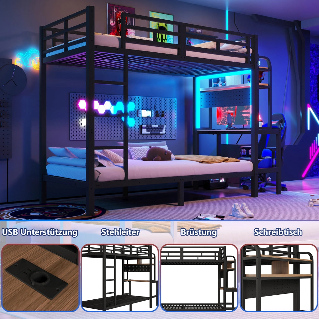 Letto a castello 90 × 200 cm con scrivania, ripiani, LED e USB, con barriera di sicurezza, senza materasso, nero