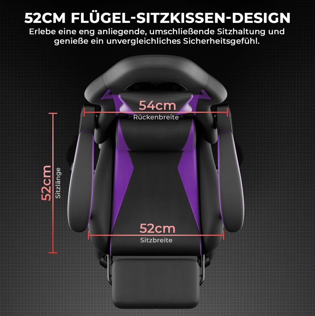 Sedia gaming ergonomica con cuscino lombare e poggiatesta; reclinabile; PVC nero e viola
