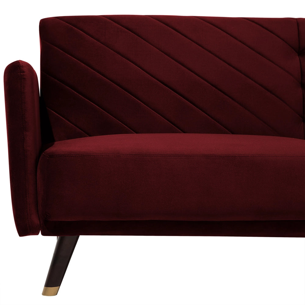 Divano Letto Tessuto Velluto Rosso Scuro Soggiorno Moderno 3 Posti Gambe In Legno Braccio A Pista