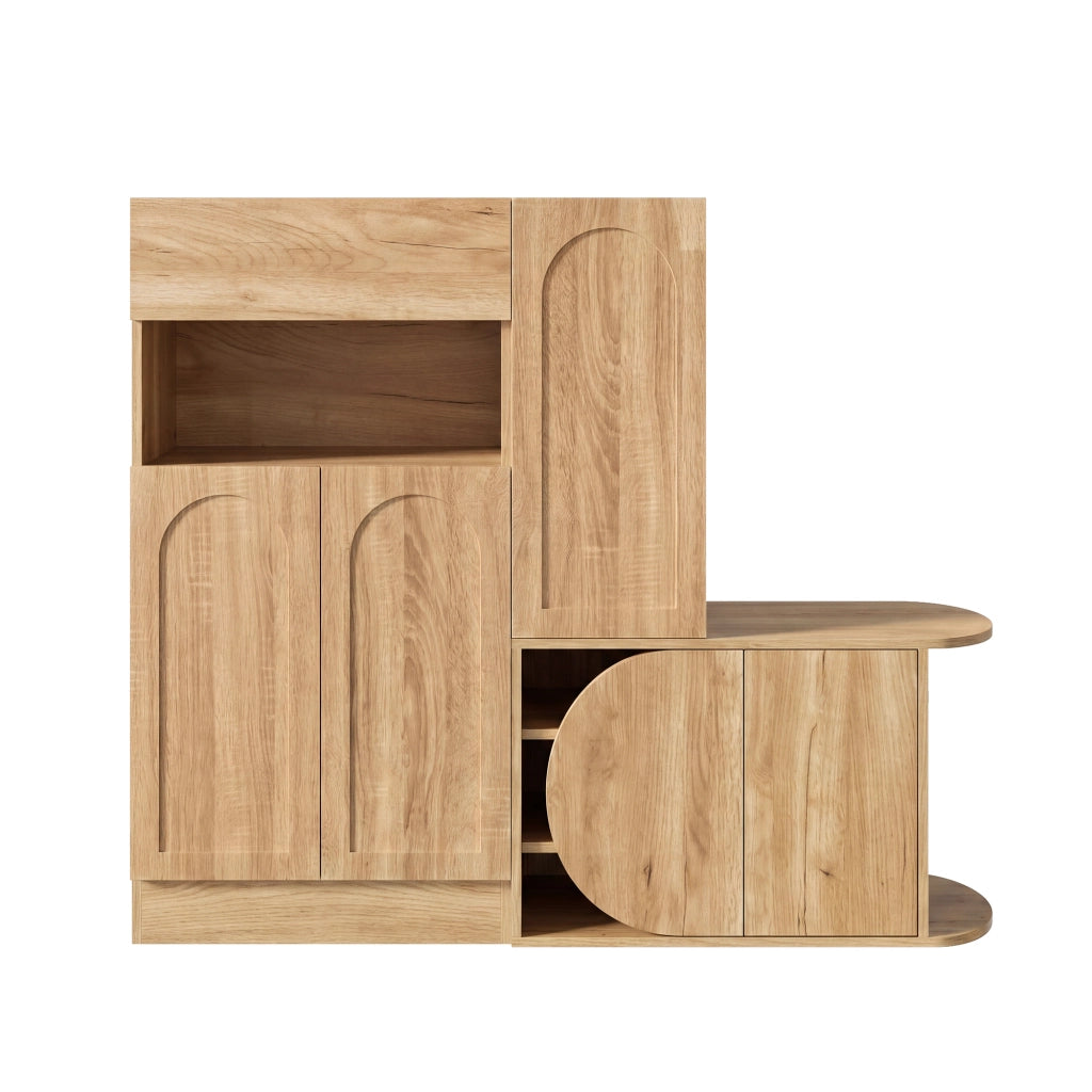 Mobile scarpiera con panca e cassetto, 5 ante e vani aperti, design moderno in finitura naturale, 130 x 35 x 110,5 cm
