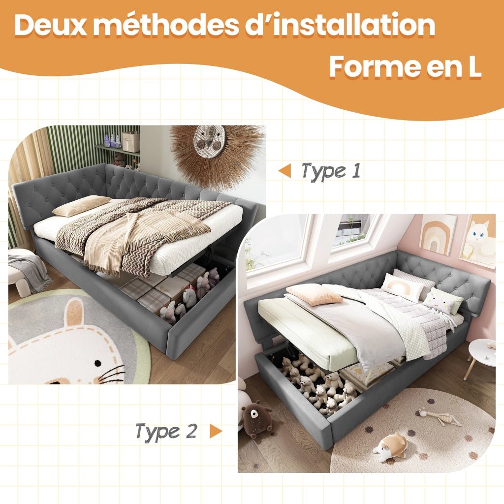 Letto divano 90 × 200 cm 1 posto con contenitore idraulico e testiera reversibile; senza materasso; in velluto grigio