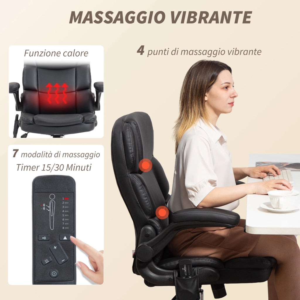 Sedia da Ufficio Operativa Massaggiante a 4 Punti con Riscaldamento e Braccioli Ribaltabili  in Pelle PU Nero