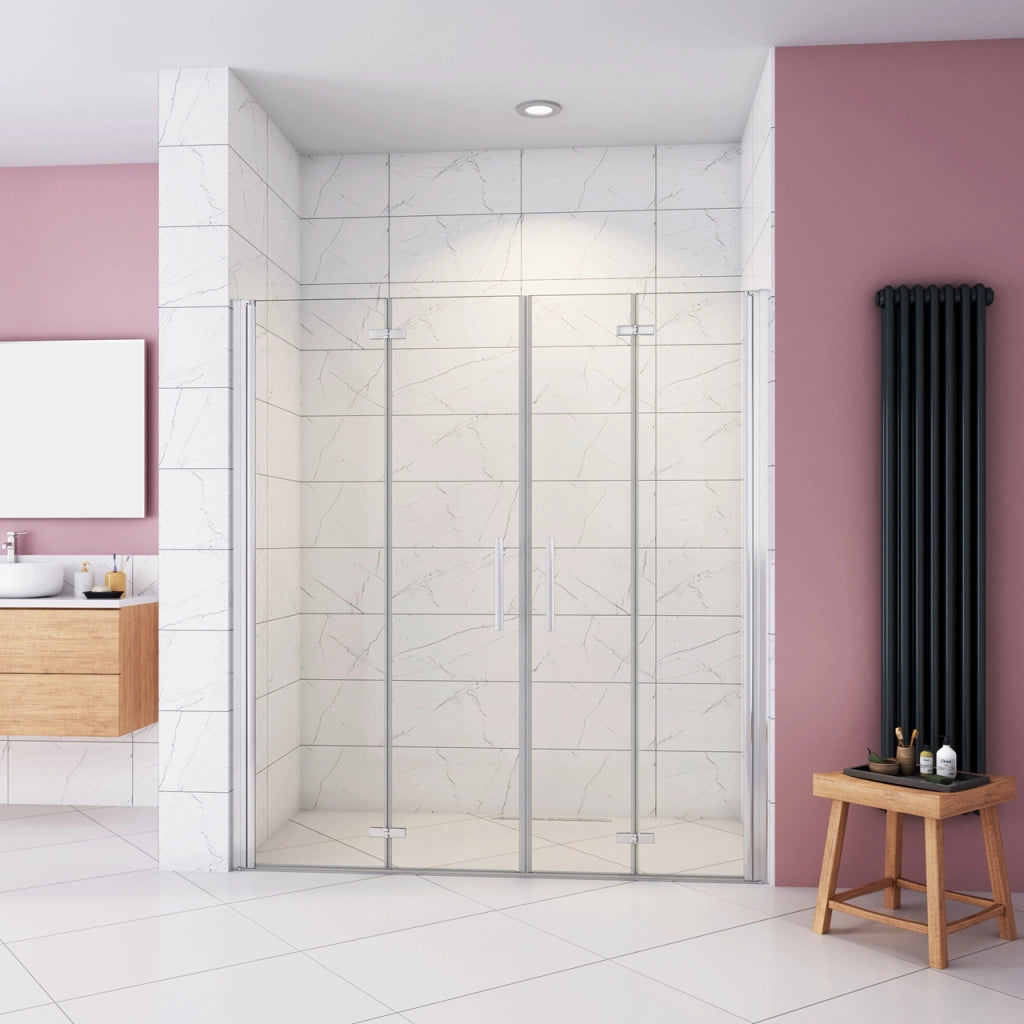 Box Doccia in Linea per Nicchia 185 cm Doppia Porta Battente 4 Ante Pieghevoli Saloon Vetro Temperato 6 mm Anticalcare 160 cm (76+90: 1578-1618 mm)