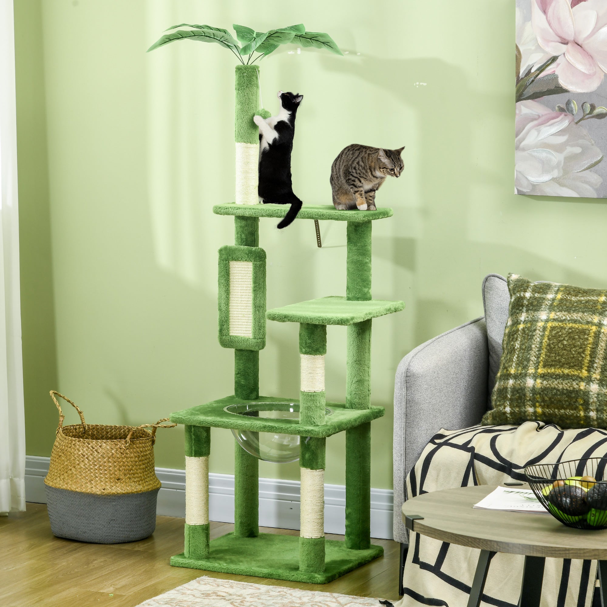 Albero Tiragraffi per Gatti Multilivello 49x49x142 cm con Amaca in Peluche e Sisal Verde