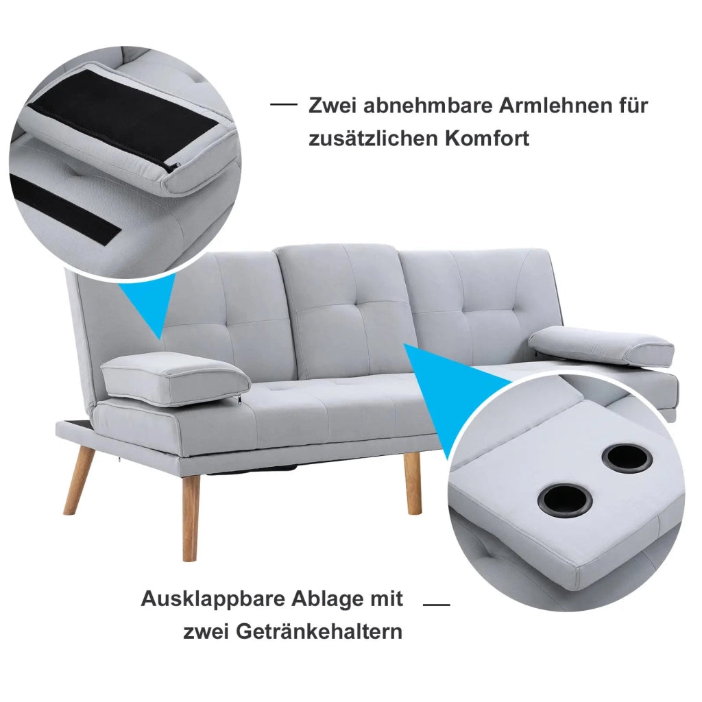 Divano letto a 3 posti con schienale regolabile e tavolino centrale in poliestere grigio chiaro 181 × 77 × 72 cm