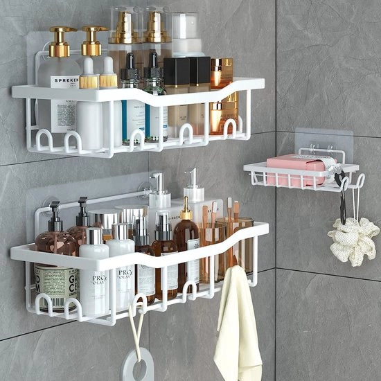 Doucheplank senza forature, 3 pezzi di mensola da bagno, inox, bianco, mensola da bagno per shampoo e gel doccia.