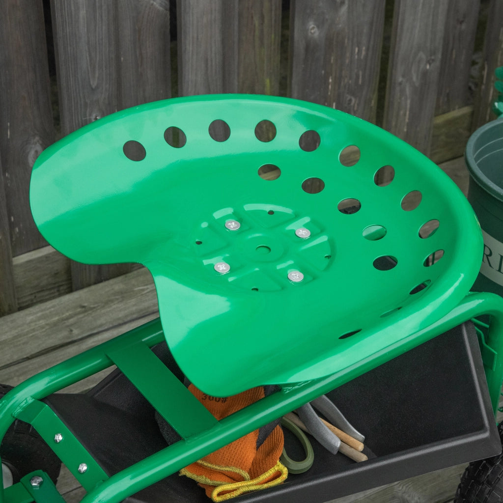 Carrello da giardino con seduta girevole, vassoio portaoggetti, altezza regolabile, portata 150 kg, verde
