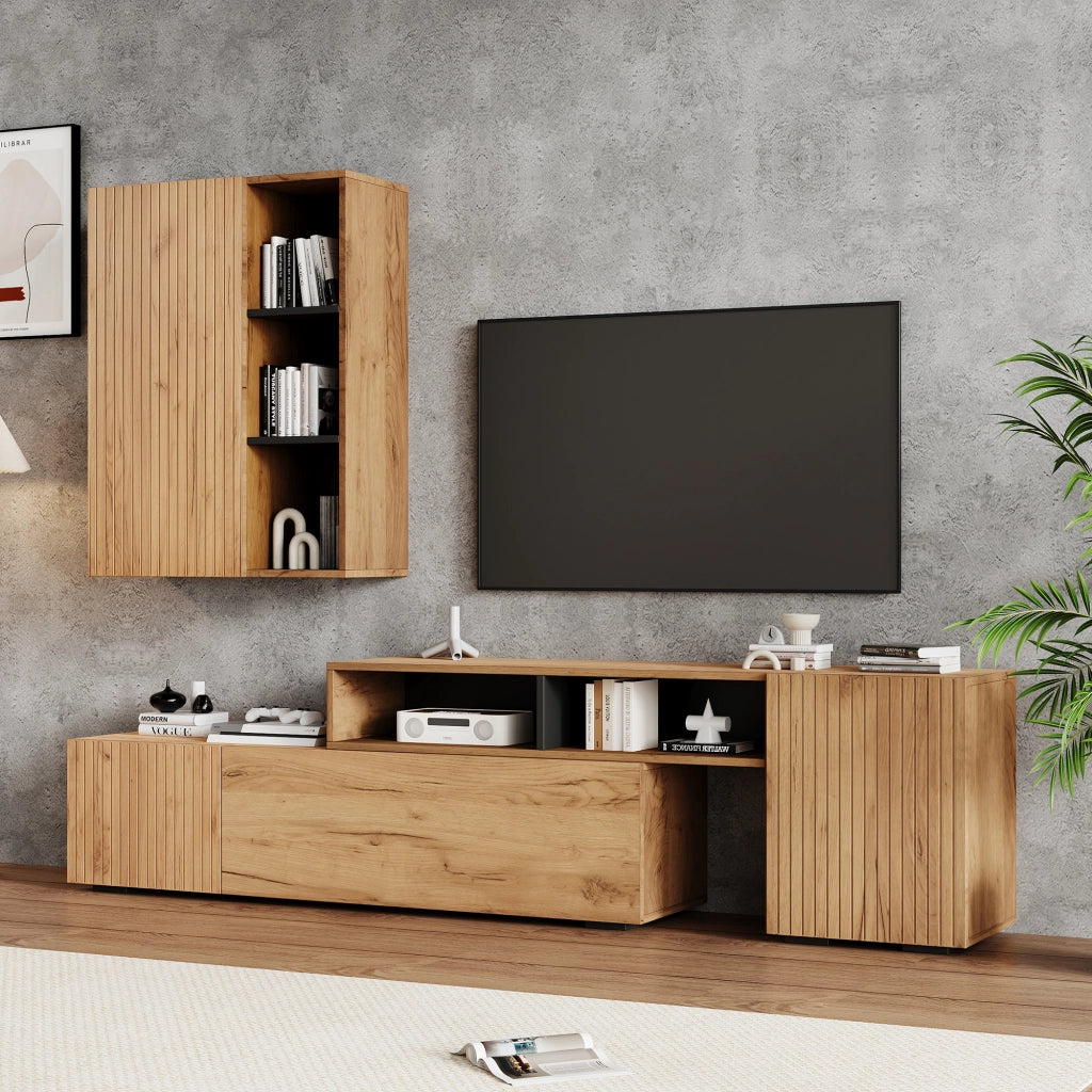 Mobile porta TV con pensile 4 ante e 2 vani aperti lunghezza regolabile finitura rovere e nero per soggiorno