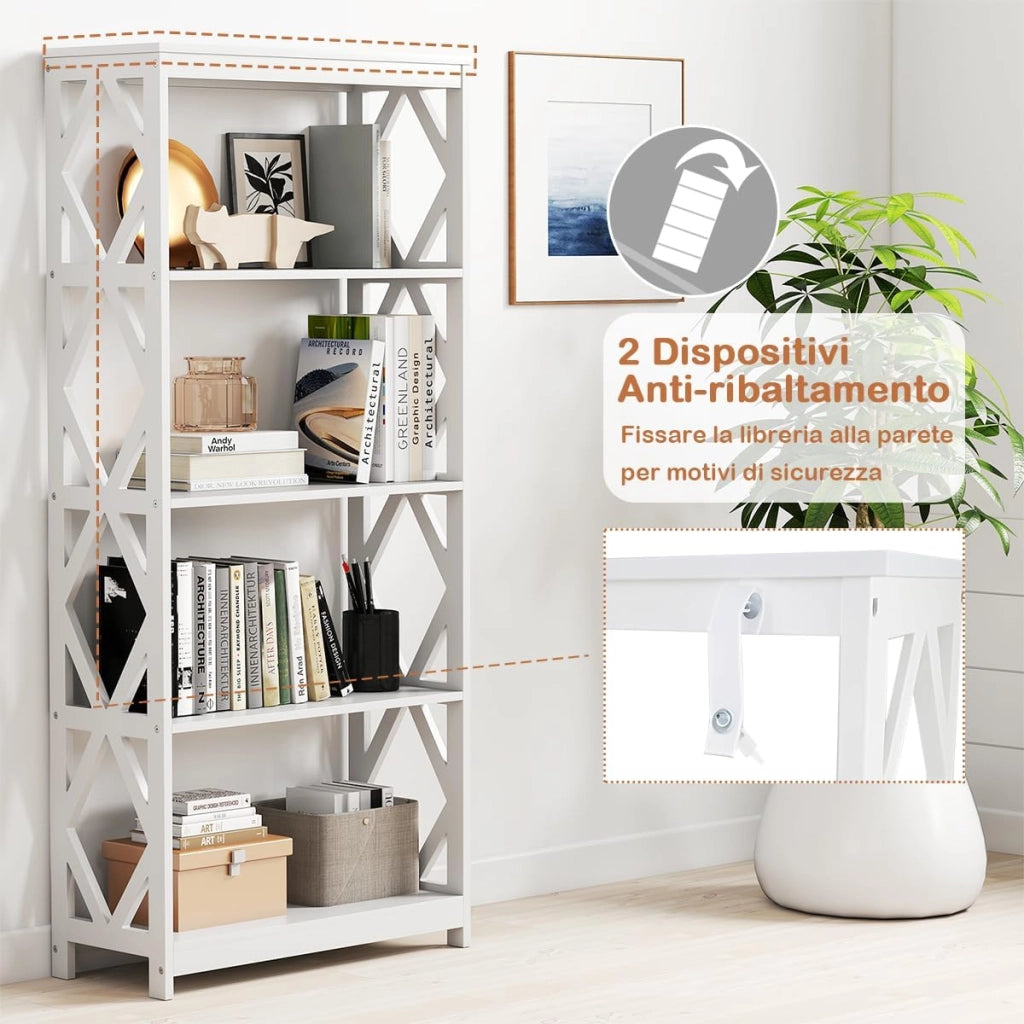 Libreria 5 Ripiani, Scaffale in Legno con Struttura Romboidale, Scaffale Espositivo Aperto Autoportante per Ufficio, Soggiorno e Camera da Letto, 70×30×155 cm