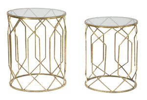 Tavolinetti Tunisi Coppia Ø42x53-38x47 cm in Ferro e Vetro Oro