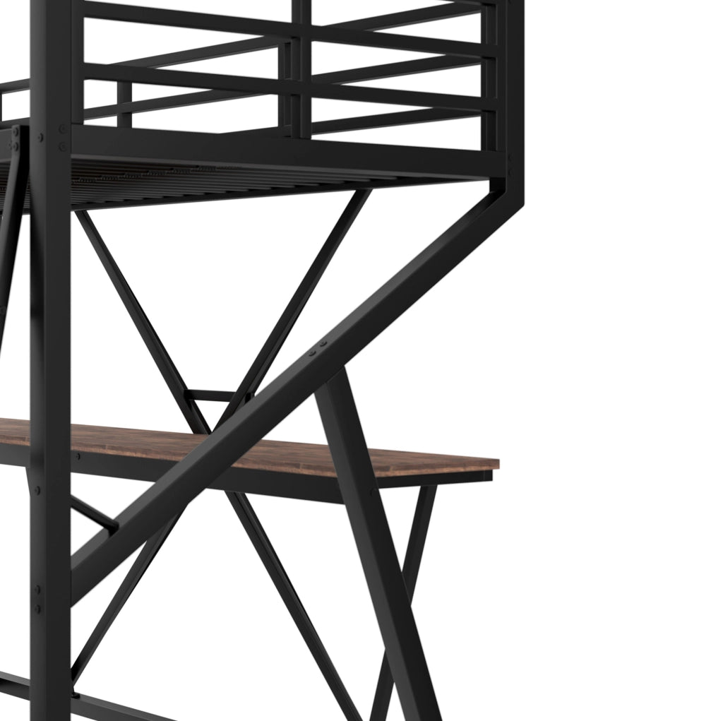 Letto a soppalco 90x200 cm nero con scrivania, LED, scala e sponde