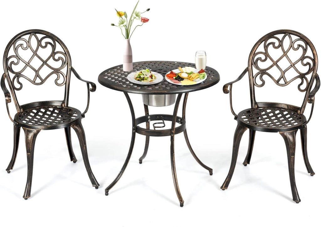 Mobili da balcone con refrigeratore per vino e foro per ombrellone, 3 pezzi, in bronzo antico, in alluminio pressofuso, antiscivolo, per esterni, 2 persone, resistente alle intemperie