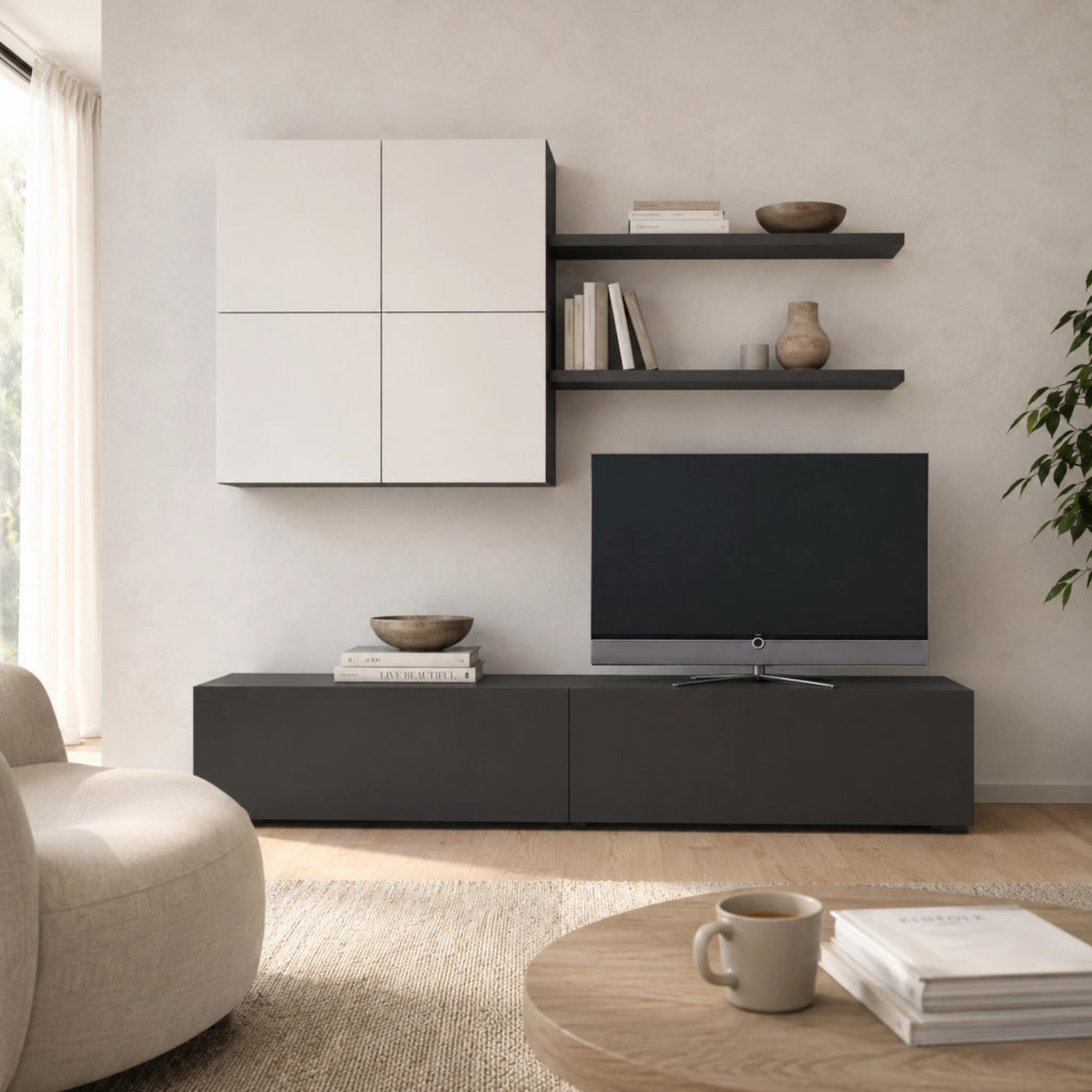 Parete Attrezzata Per Soggiorno Con Mobile Base TV 2 Ante Pensile 4 Ante E 2 Mensole Stile Contemporaneo In Melaminico Facile Da Pulire Bianco E Grigio Grafite