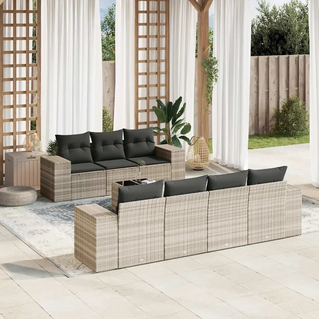 Set Divano da Giardino 8pz con Cuscini Grigio Chiaro Polyrattan