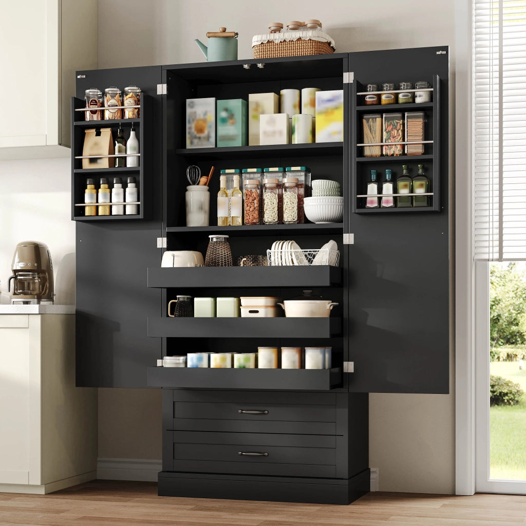 Credenza alta con 3 ripiani estraibili, 2 cassetti e ripiani nelle ante, in MDF nero, per cucina e soggiorno, 80 × 37,5 × 180 cm