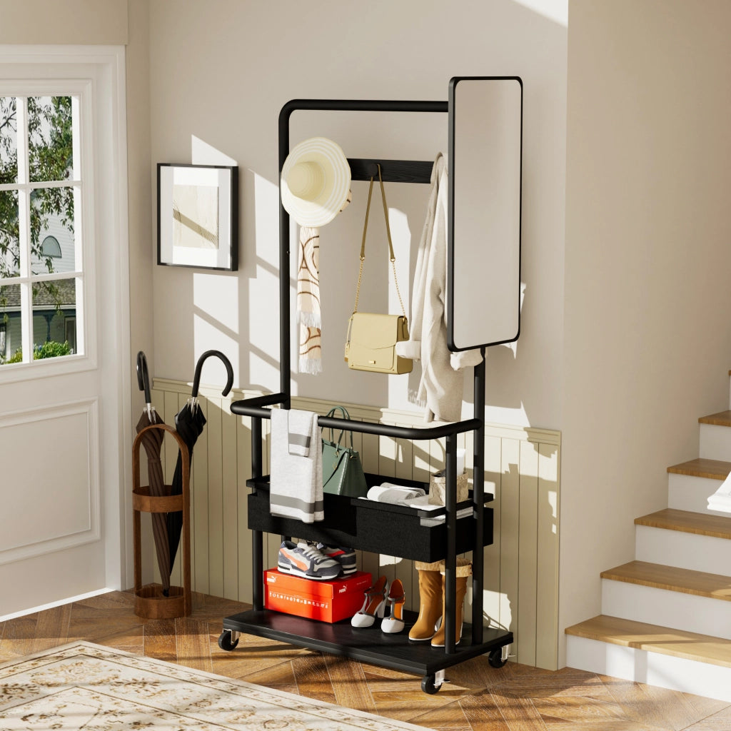 Armadio modulare aperto con vano appendiabiti; specchio e ruote - per ingresso - 70×40×170 cm - nero