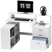 Scrivania Ufficio con 2 Tavoli, 4 Ripiani, 3 Cassetti e Supporto per Monitor, in Legno, 138.5x90x92 cm, Bianco