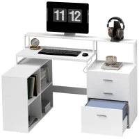 Scrivania Ufficio con 2 Tavoli, 4 Ripiani, 3 Cassetti e Supporto per Monitor, in Legno, 138.5x90x92 cm, Bianco