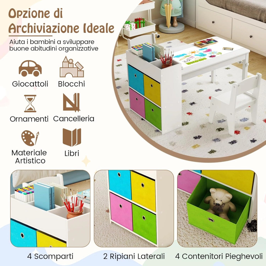 3 in 1 Set Tavola d’Arte e 2 Sedie per Bambini, Tavolo in Legno con Rotolo di Carta per Disegnare, Mobile Montessori per Cameretta con Ripiani e 4 Cassetti in Tessuto Salvaspazio (Bianco)