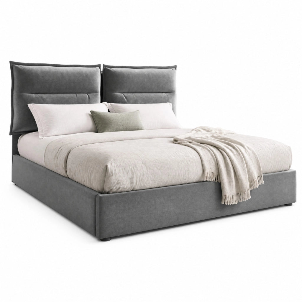 Letto matrimoniale imbottito con contenitore 140x200 cm in velluto grigio; testiera regolabile