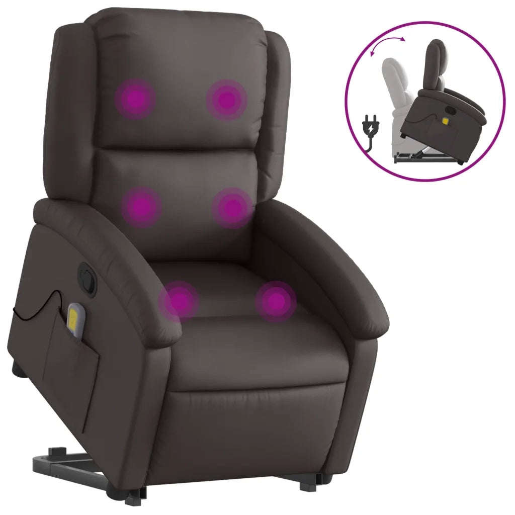 Poltrona a Rialzo Massaggi Reclinabile Marrone Scuro Vera Pelle 3204267