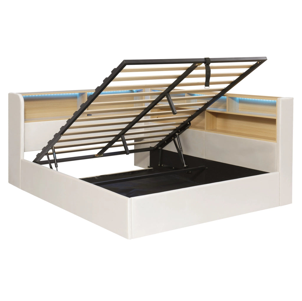 Letto con contenitore idraulico; LED e USB in velluto beige