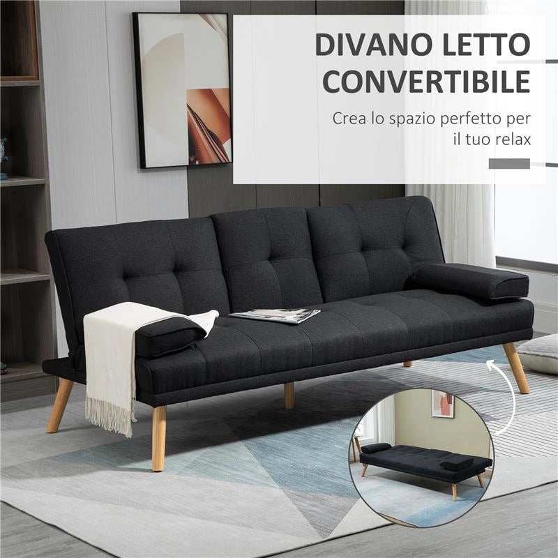 DIVANO LETTO 3 POSTI RECLINABILE CON RIVESTIMENTO EFFETTO LINO E TAVOLINO A RIBALTA GRIGIO