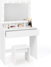 Mobiletto ZELIA con specchio LED, 4 nicchie, 1 cassetto e sgabello