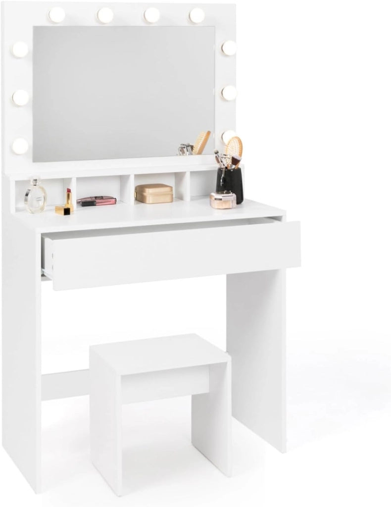 Mobiletto ZELIA con specchio LED, 4 nicchie, 1 cassetto e sgabello