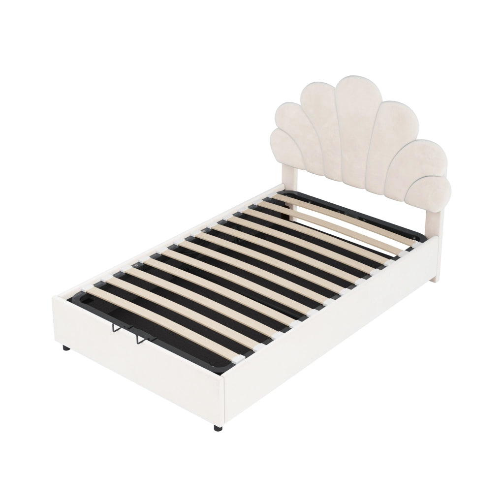 Letto Contenitore 90 x 200 cm; Letto Singolo con Testiera Regolabile e Vano Idraulico; senza Materasso; Beige