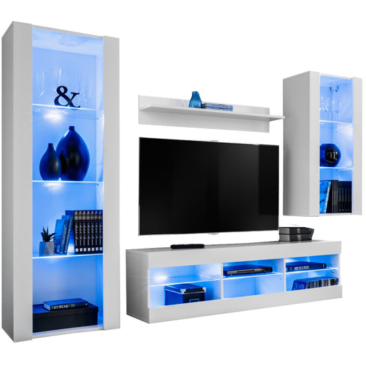 Set Di Mobili Porta TV Tivoli Medio, Komodee, Bianco/Bianco, LED Blu, Larghezza 245 cm x Altezza 159 cm x Profondità 35 cm, Per soggiorno, Camera da letto