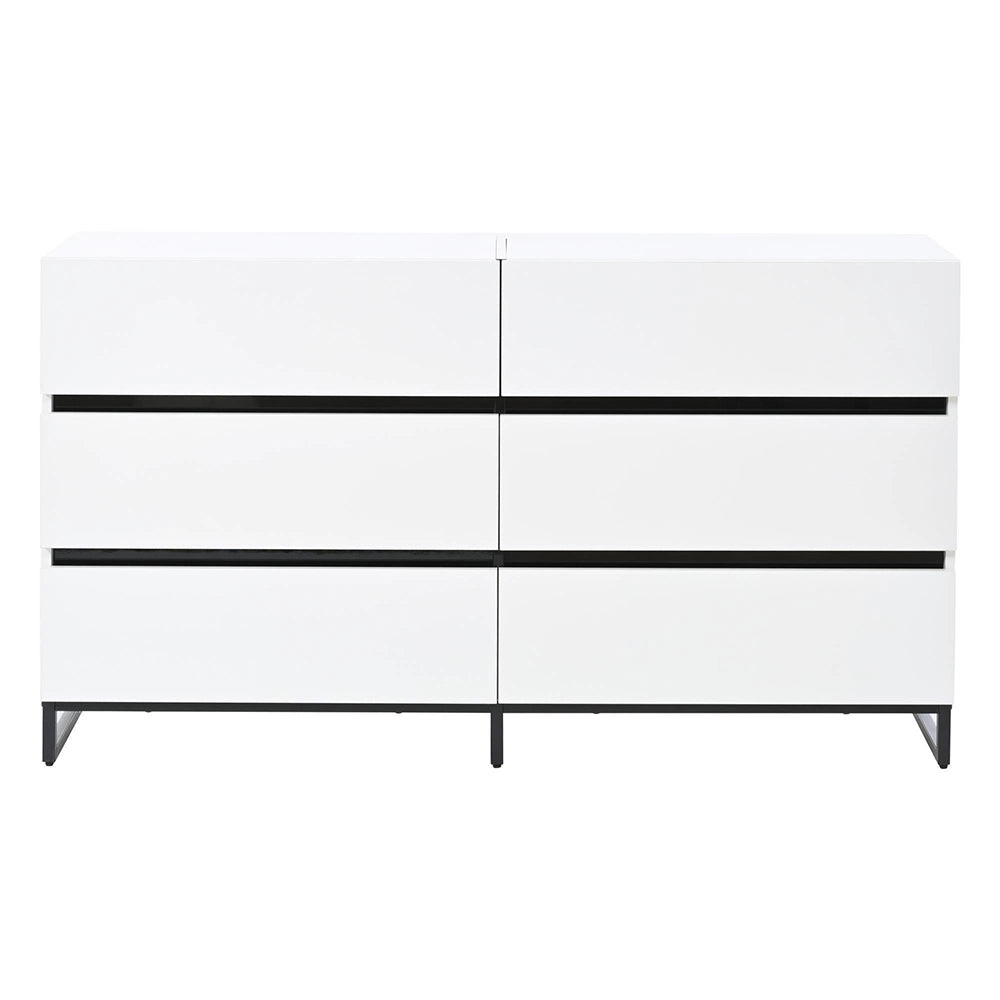 Credenza Soggiorno 140x39.5x78.5cm - Xylo - 6 Cassetti con 3 Piedi Metallici, Bianco/Nero