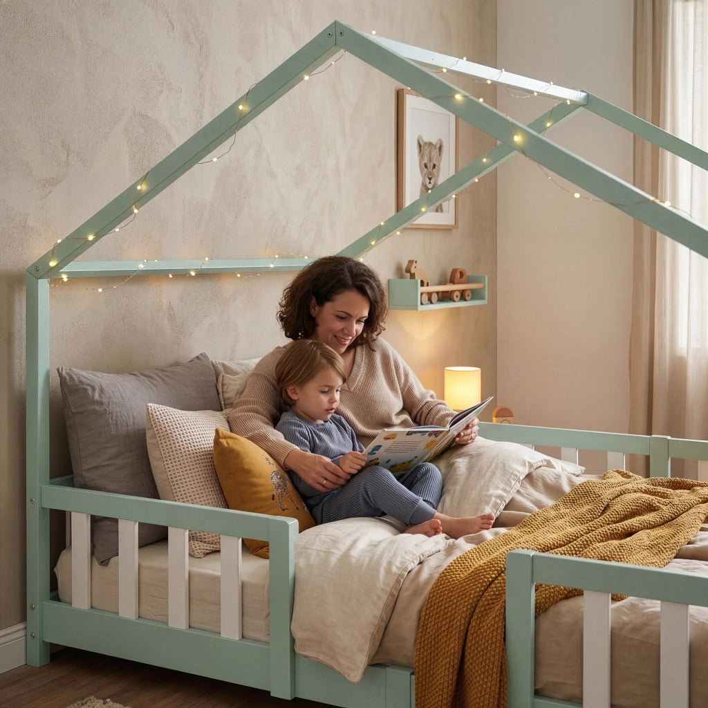 Letto per Cameretta Treviolo a Forma di Casetta in Stile Montessori con Materasso 140x200 cm - Menta Verde/Bianco [en.casa]