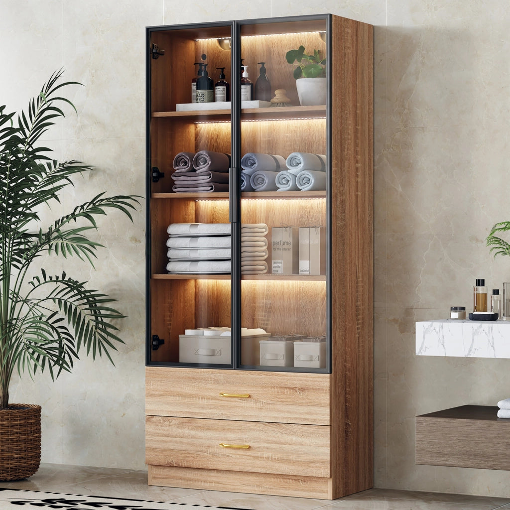 Armadietto da bagno alto con 2 ante e vani aperti in vetro temperato, stile moderno, per bagno, in MDF, marrone