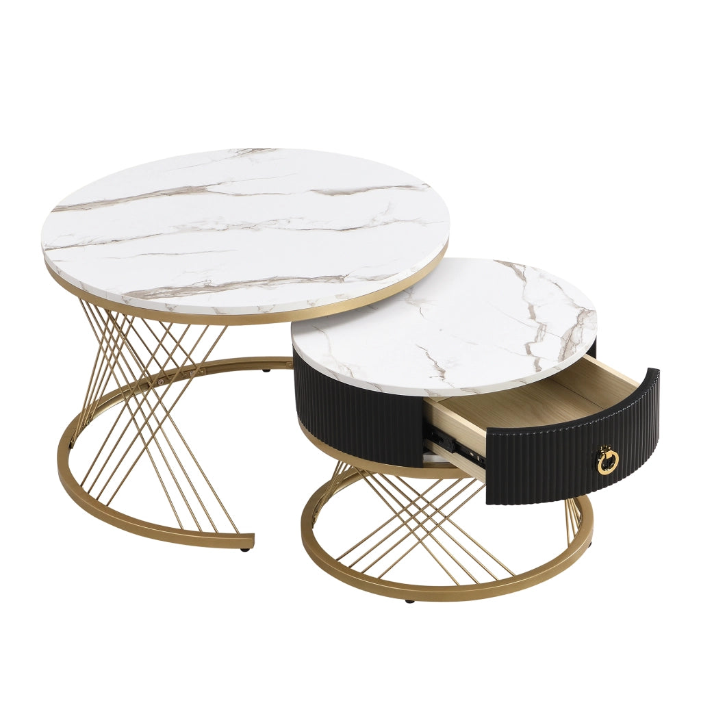 Tavolini da Salotto a Incastro Quadrati con 1 Cassetto; Effetto Marmo; Piedini Metallo Regolabili; in MDF; Bianco; 70×70×45 cm