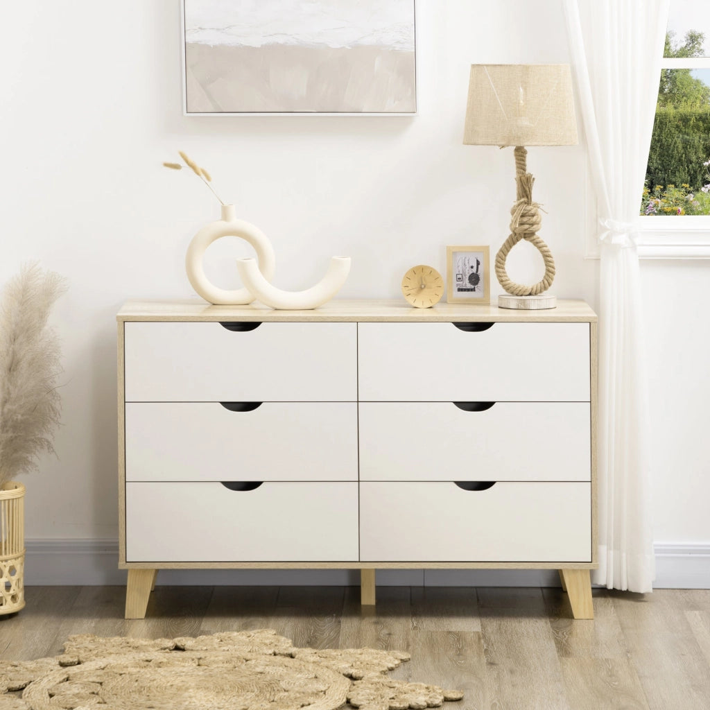 Cassettiera 6 Cassetti 120x40x76 cm con Maniglie Intagliate in Legno Bianco e Rovere