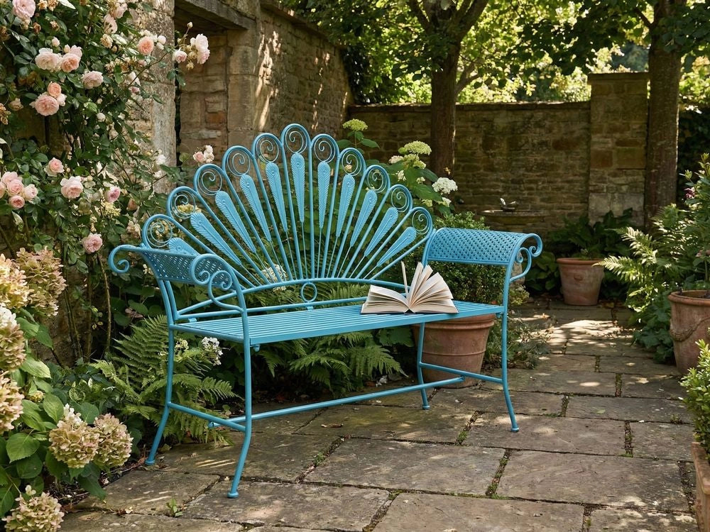 Panca da giardino per esterni in metallo blu alluminio 2 posti braccioli stile vintage