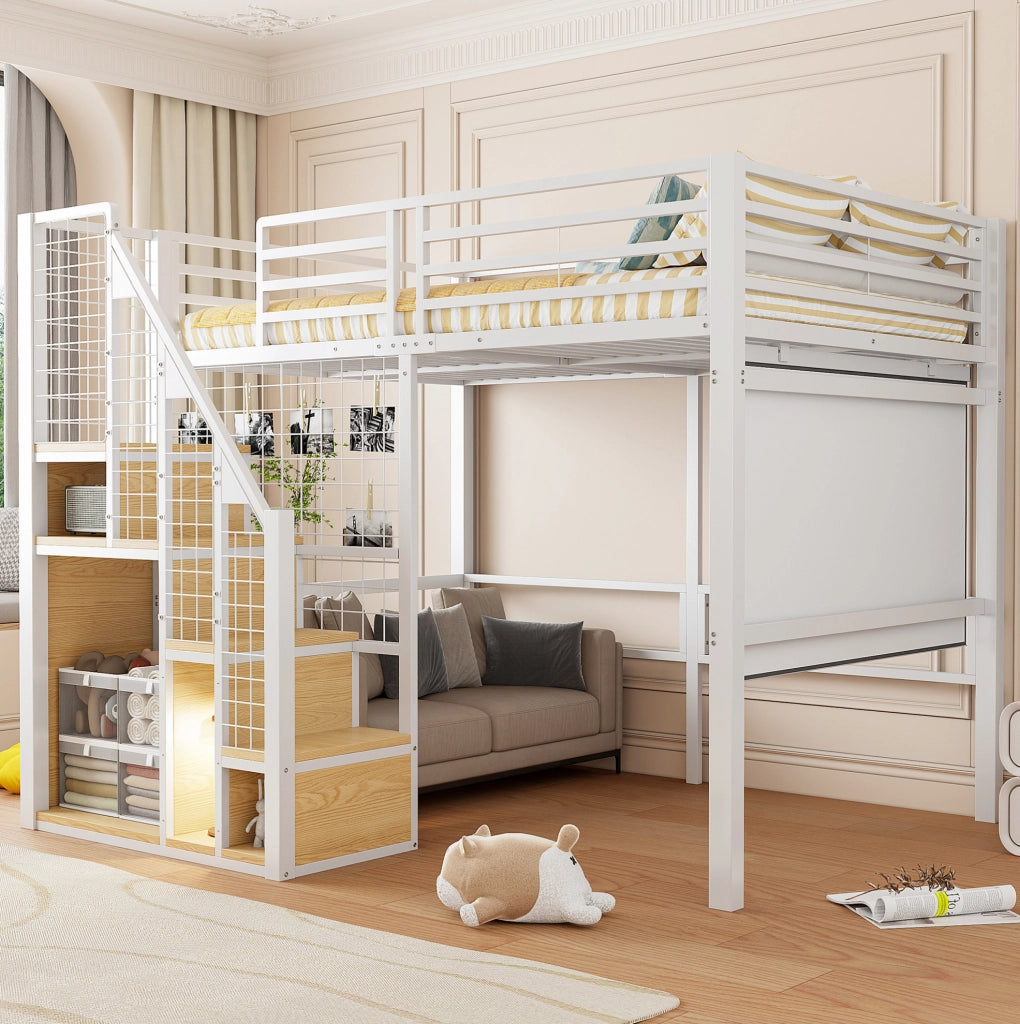 Letto a soppalco 140 x 200 cm bianco in metallo e MDF con scala e vano guardaroba