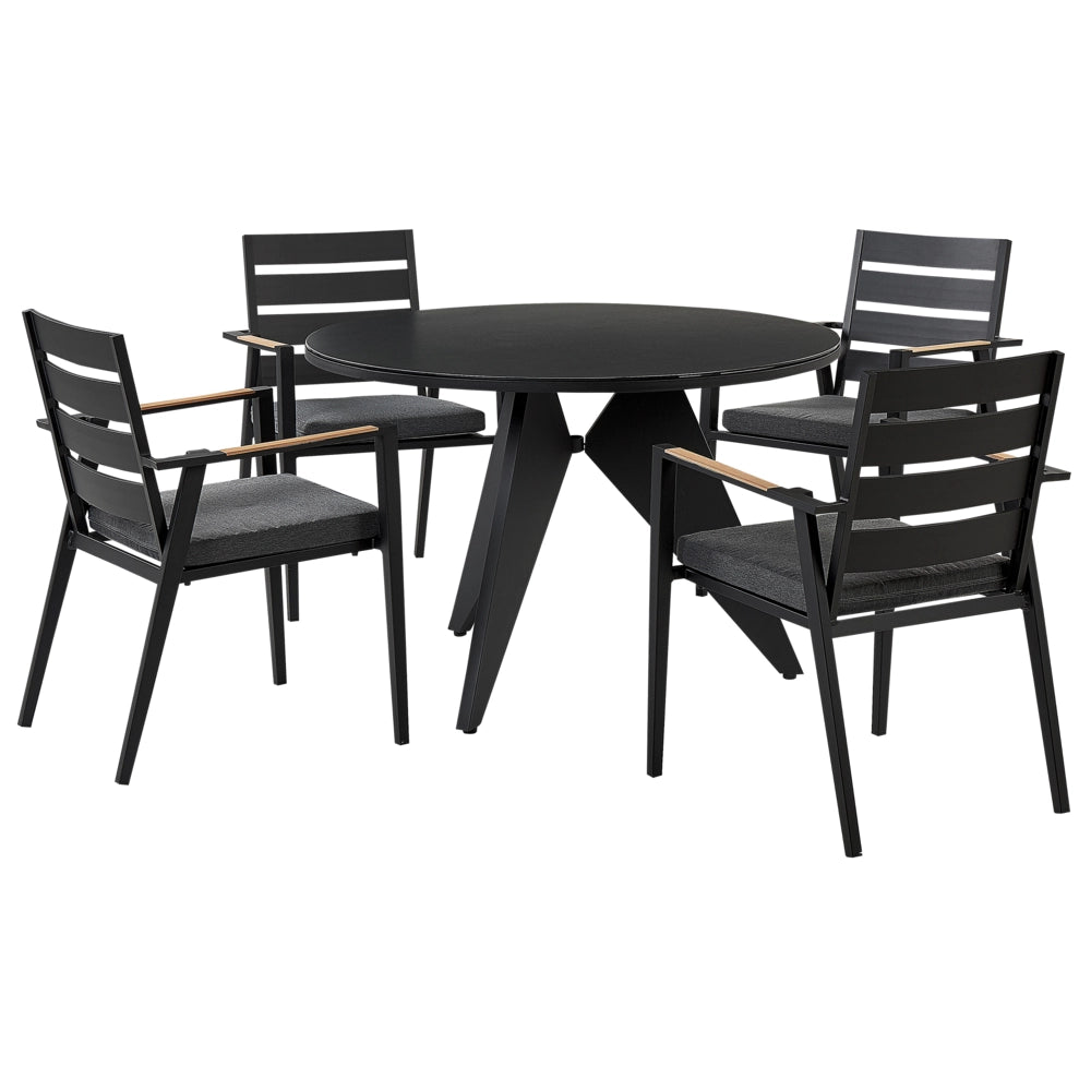 Set di mobili da esterno tavolo rotondo da pranzo nero 110 cm in alluminio e legno sintetico 4 sedie cuscini grigi