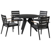 Set di mobili da esterno tavolo rotondo da pranzo nero 110 cm in alluminio e legno sintetico 4 sedie cuscini grigi