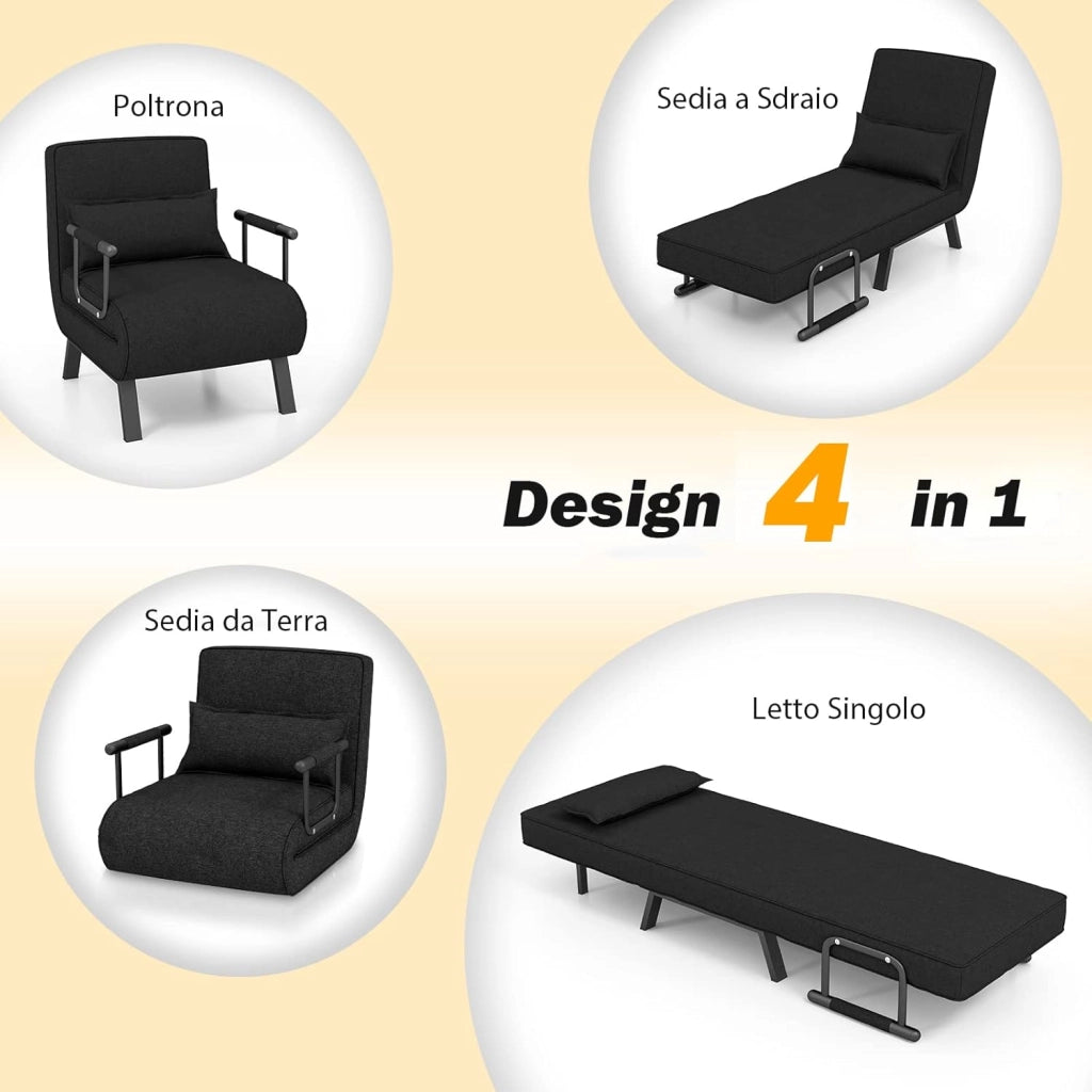 4 in 1 Poltrona Letto Singolo, Poltroncina Pieghevole con Schienale Regolabile in 6 Posizioni, Sedile Imbottito Robusto, Divano Letto per Casa Ufficio, 79x65x79 cm (Nero)