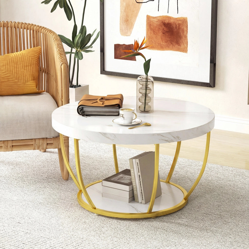 Tavolino 2 ripiani metallo resistente legno finto 80cm-Tavolino rotondo soggiorno sala d'attesa decorativo Bianco