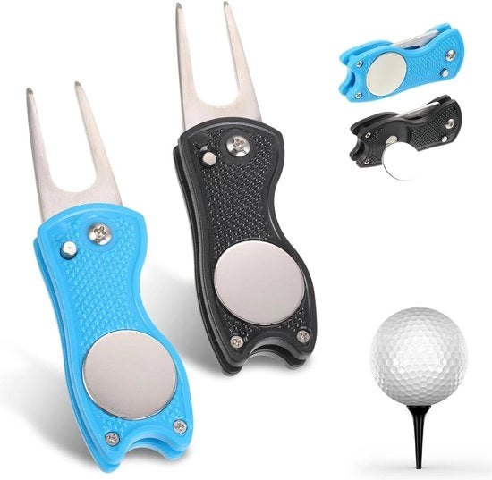 Tool di riparazione del divotto a golf in metallo - 2 pezzi, riparatore di segni di colpo a golf pieghevole con magneti