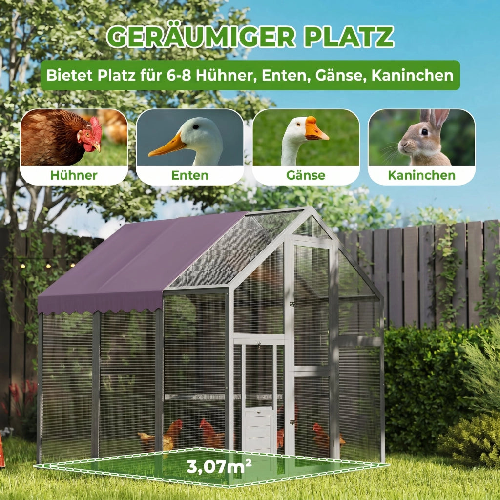 Pollame Recinto per Galline con Tetto Impermeabile 2 Nidi 2 Trespoli ¨C zephmum ¨C Grigio 170x180x180 cm