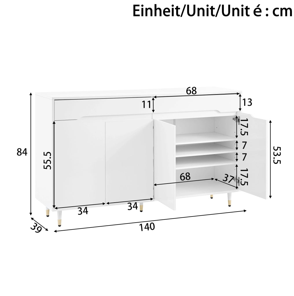 Scarpiera ULEVR 140x39x84 cm con 2 ante, 2 cassetti e ripiani regolabili, bianca e oro