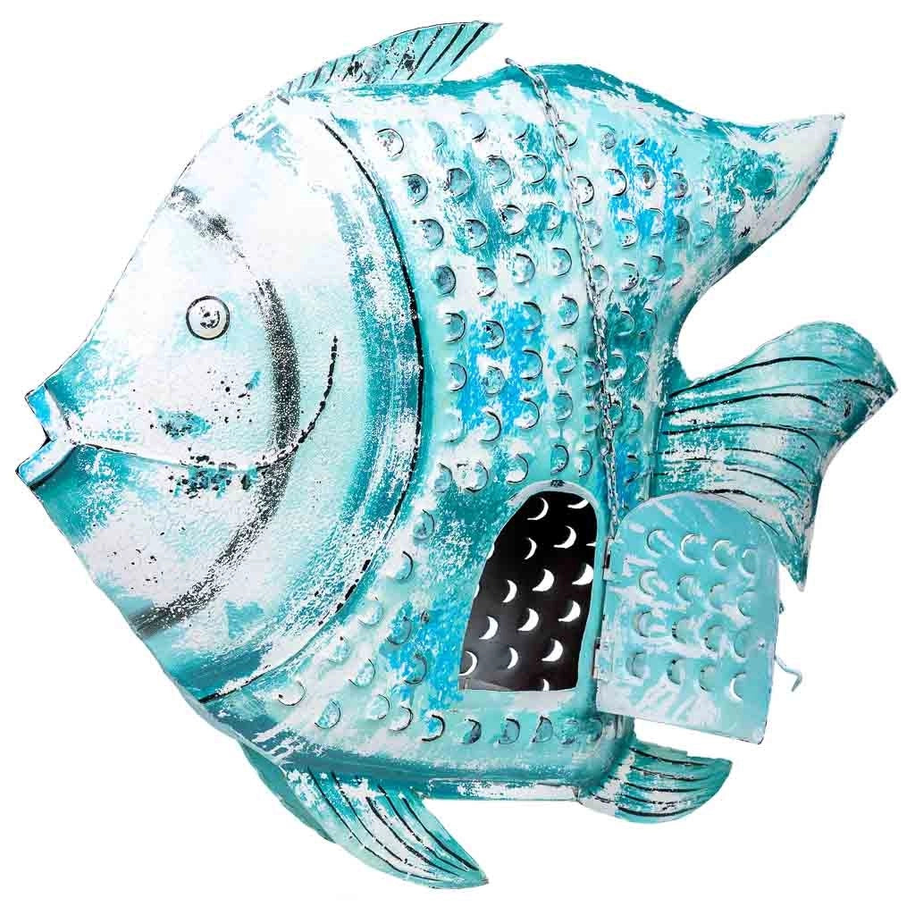Pesce portacandela metallo invecchiato blu 107x15x83h cm