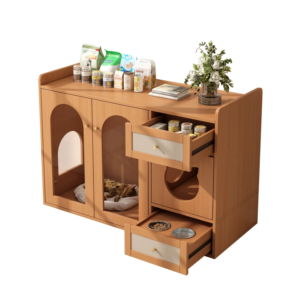 Mobile coperto per lettiera per gatti 5 in 1 con vano riposo e cassetto ciotole, in MDF e vetro, noce, 120 × 45 × 76 cm