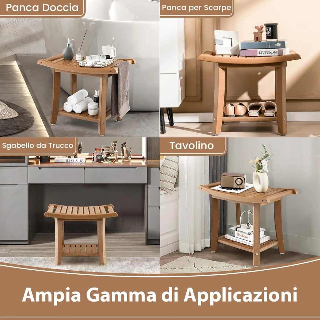 Sgabello da Doccia, Sgabello da Bagno Impermeabile con Sedile Curvo, con Portasciugamani e Piedini Antiscivoli, Panca Versatile con Ripiano, 60,5 x 34 x 48 cm (Marrone)